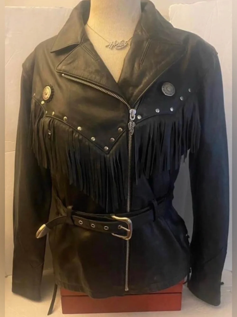 Harley Davidson Ladies Medium Stud Fringed Laced Leather Jacket - Picture 2 of 4